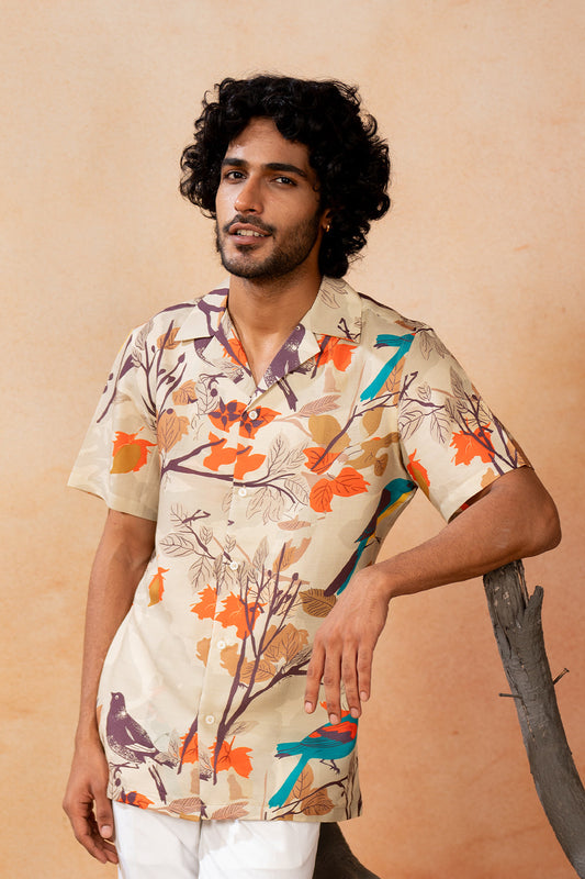 Serenity Bird Themed Print Cotton Shirt by Hilo Design