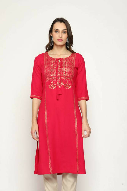 Maai Rayon Hand Printed Kurta Red