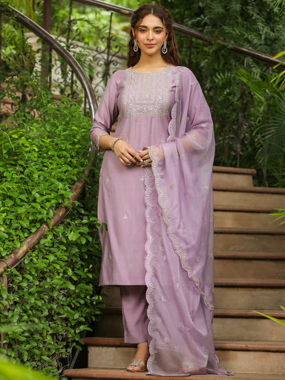 Janasya Lavender Silk Blend Solid Kurta,Bottom & Dupatta