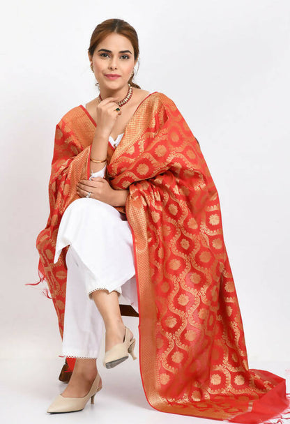 Mominos Fashion Moeza Women's Banarsi Silk All Over Woven Design Red Dupatta