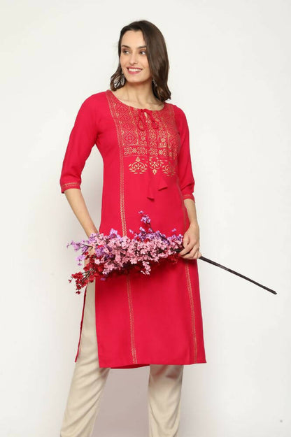 Maai Rayon Hand Printed Kurta Red