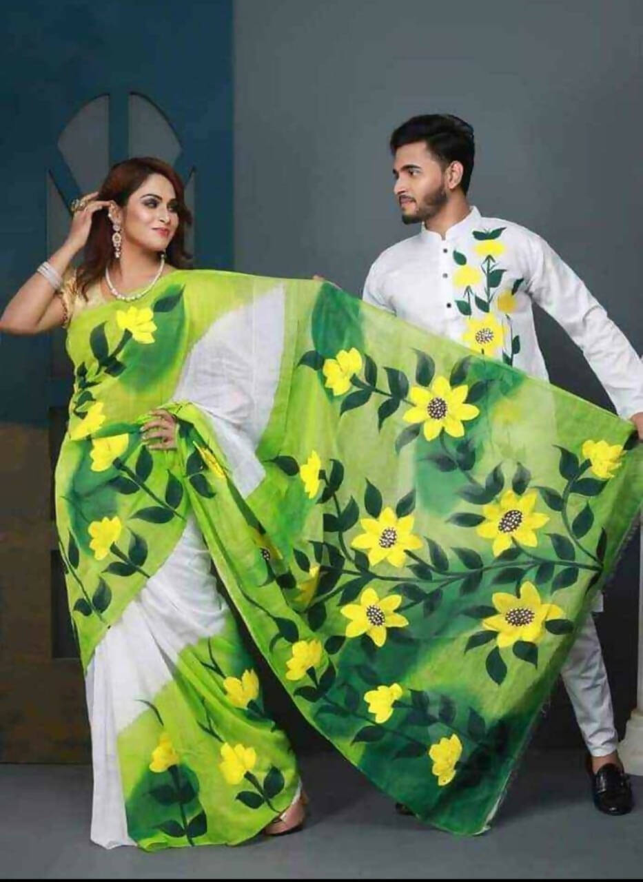 Exclusive Collection Elegant Hand Printing Designe On Pure Cotton Saree And Men's Kurta - Green