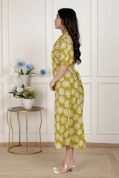 Miravan Women'S Yellow Printed Puff Sleeve Floral Maxi Party Dress