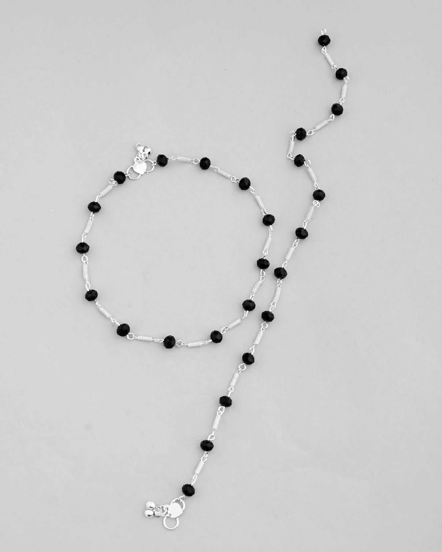 VOJ Set of 2 Silver Plated With Black Beads Anklet