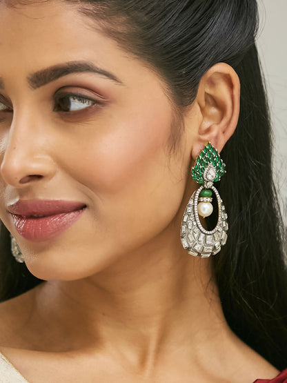 Nuyug 22K Gold-Plated Zircon Studded & Pearl Teardrop Shaped Dangler Earrings