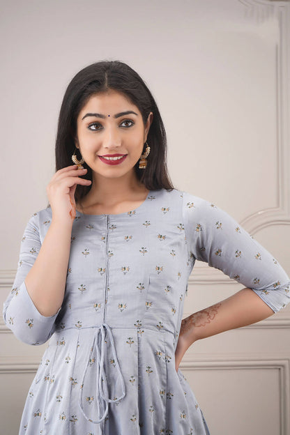 Partywear Designer Hand Screen and Foil Print Lightsteelgrey Pure chanderi Gown - Anbazaar