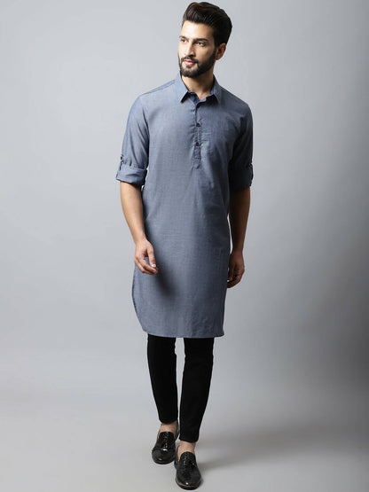Even Apparels Grey Color Pure Cotton Solid Men's Kurta With Shirt Collar (MMS149)