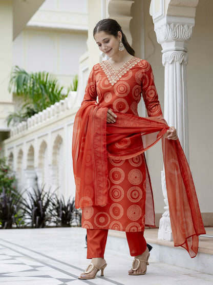 The52 Orange Women's Gorgeous Rayon Embroidered Straight Kurta with Pant And Dupatta Set