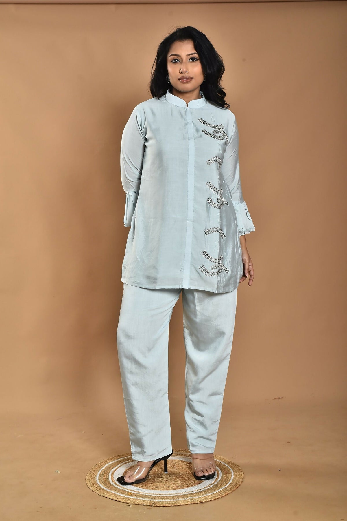 Morchari Women Hand Embroidery Co-Ords-Light Blue