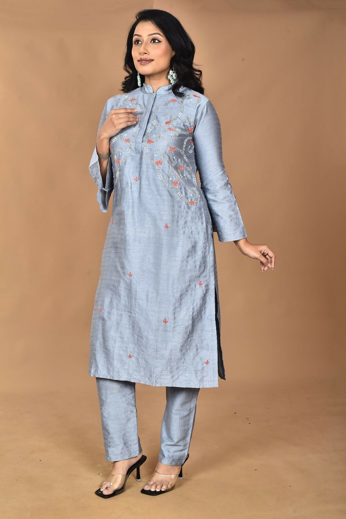 Morchari Women And Hand Embroidery Co-Ord Set-Grey