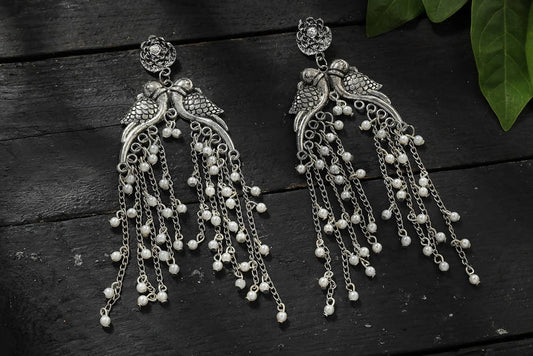 Mominos Fashion Johar Kamal Silver-Plated Oxidised Parrot Design Earrings