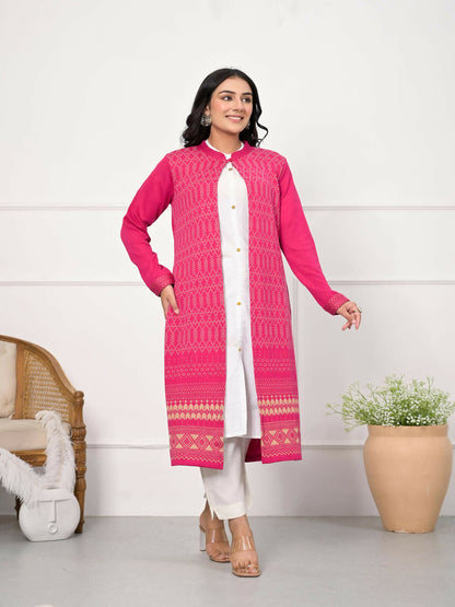 Juniper Women's Pink Ethnic Motif Printed Cotton Long Winter Wear Jacket