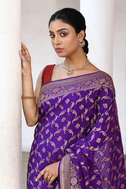 Joban Fashion Purple Crepe Chiffon Pure Handloom Banarasi Silk Saree