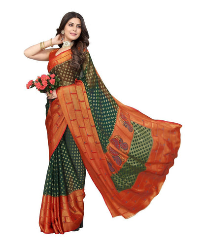 Vamika Green Chiffon Brasso Bollywood Style Woven Saree (DIMPLE GREEN)