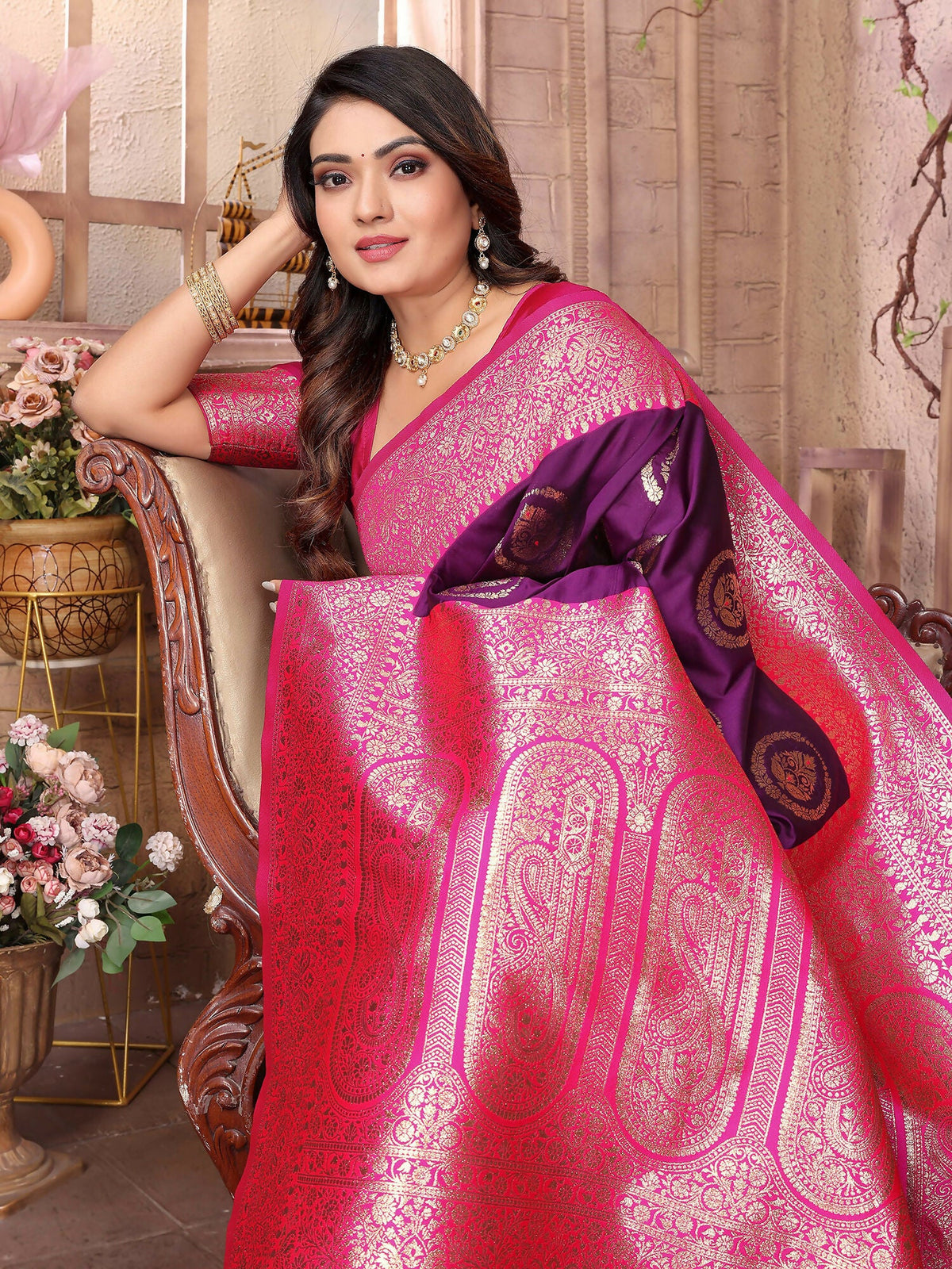 Joban Fashion Purple Banarasi Soft Silk Woven Saree