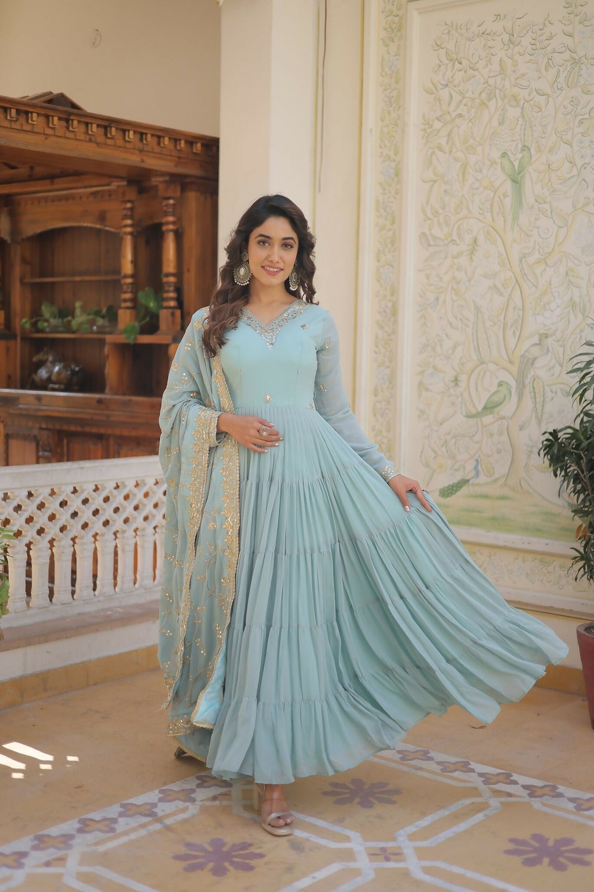 Joban Fashion Sky Blue Georgette Sequence Embroidery Work Kurta Set