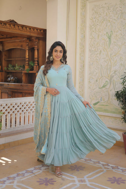 Joban Fashion Sky Blue Georgette Sequence Embroidery Work Kurta Set