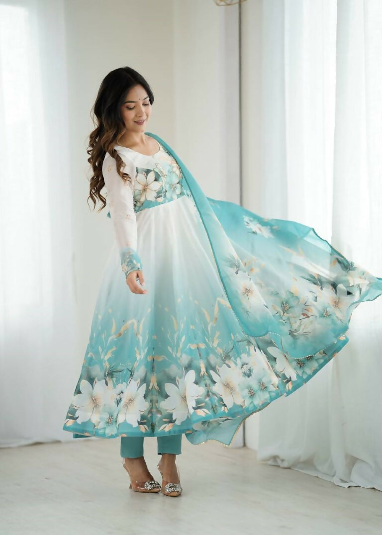Teeya Creation Aquablue Color Soft organza Silk Digital Print Party Wear Gown