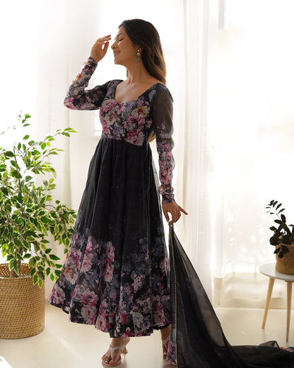 Lorenvalley Fashion Women Pure Soft Organza Silk Floral Print Fully Flair Anarkali With Pent Dupatta Set - Black
