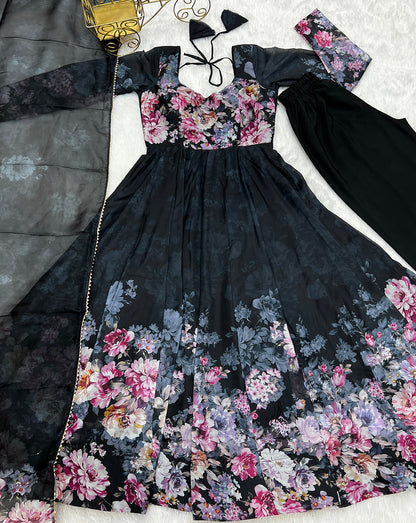 Lorenvalley Fashion Women Pure Soft Organza Silk Floral Print Fully Flair Anarkali With Pent Dupatta Set - Black