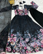 Lorenvalley Fashion Women Pure Soft Organza Silk Floral Print Fully Flair Anarkali With Pent Dupatta Set - Black
