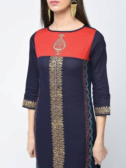 Aniyah Cotton Block Printed Stylish Blue Straight Kurta (AN-121K)