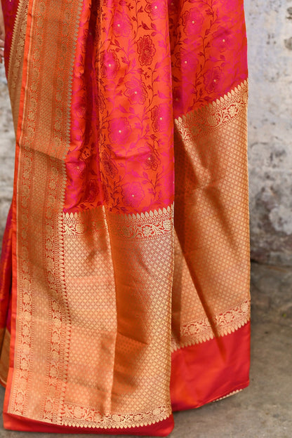 Joban Fashion Red Pure Katan Pure Handloom Banarasi Silk Saree
