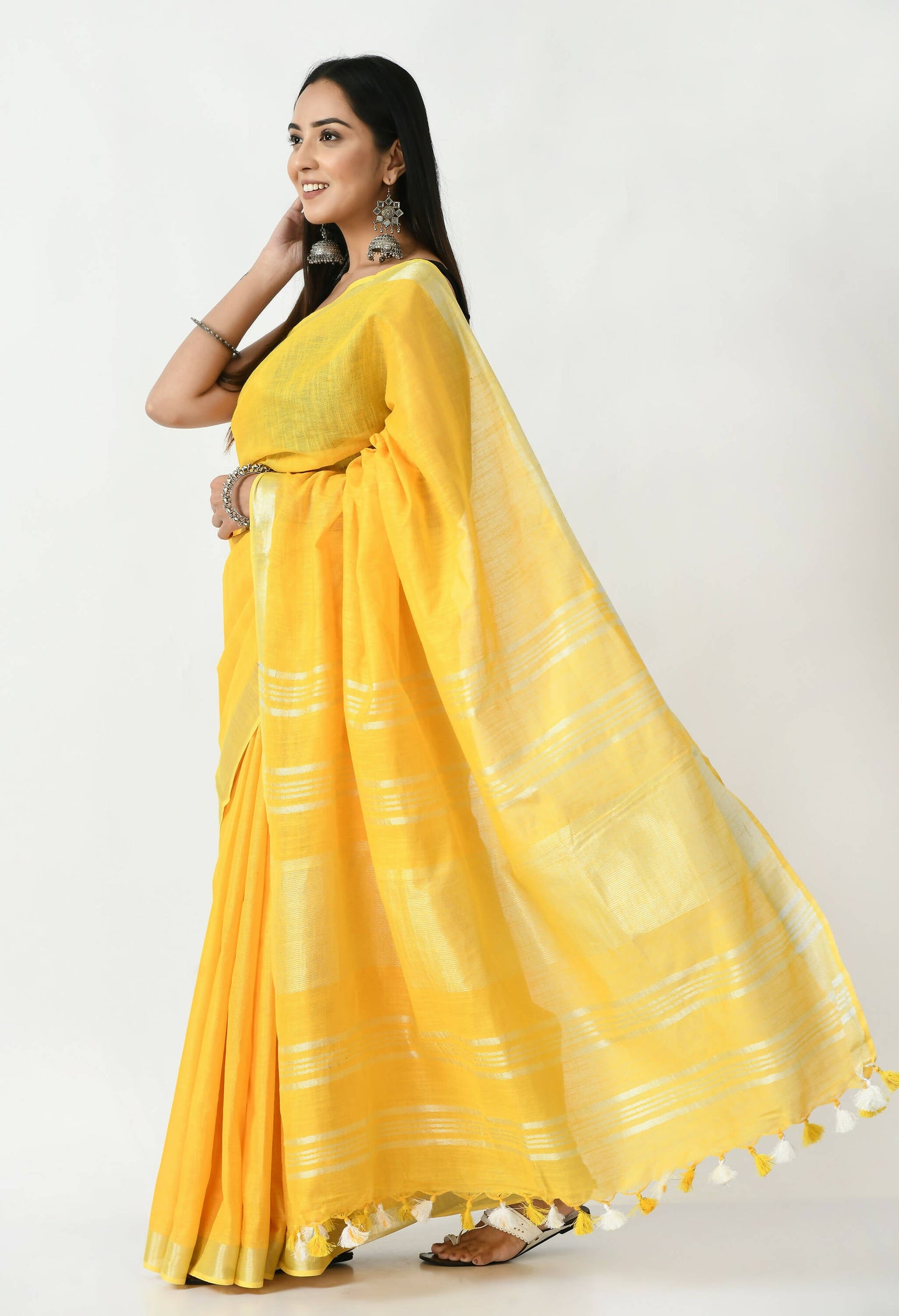 Mominos Fashion Moeza Yellow Bhagalpuri Handloom Silk Linen Saree with unstitched Blouse piece