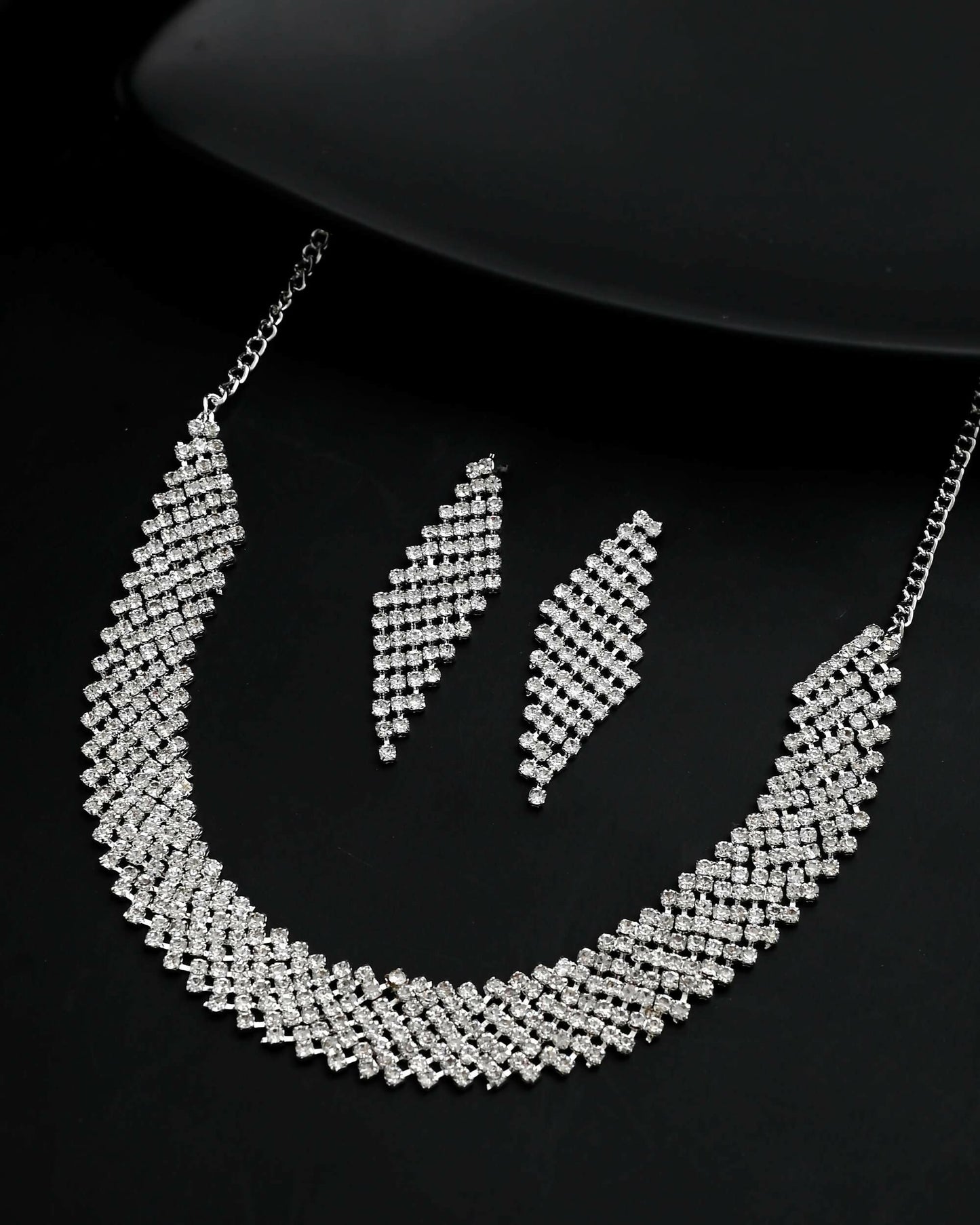 VOJ Silver Plated AD Studded Choker And Earrings Set