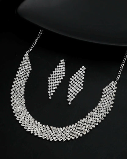 VOJ Silver Plated AD Studded Choker And Earrings Set