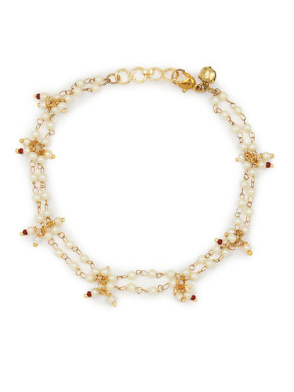 Gold-Polished White Kundan Studded Beaded Anklet - Ruby Raang