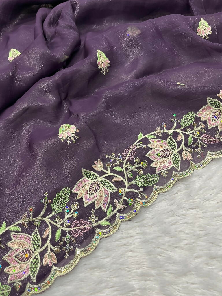 Vastranavya Gold Crunchy Multi Colour Threads Embroidery Work with Sequins Work Saree with Blouse material - Purple