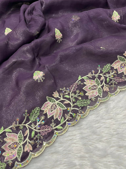 Vastranavya Gold Crunchy Multi Colour Threads Embroidery Work with Sequins Work Saree with Blouse material - Purple