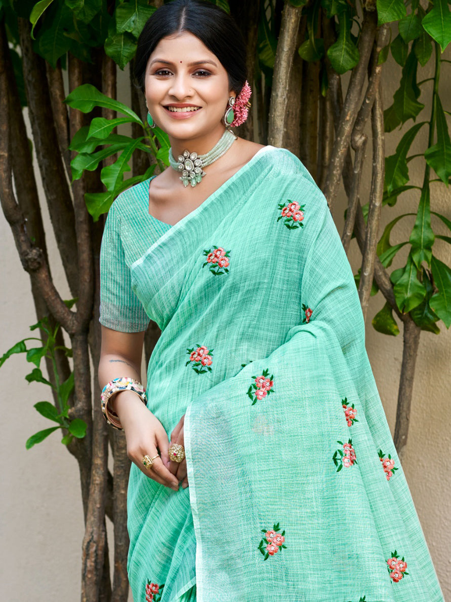 Sangam Prints Sea Green Linen Woven Work Traditional Saree