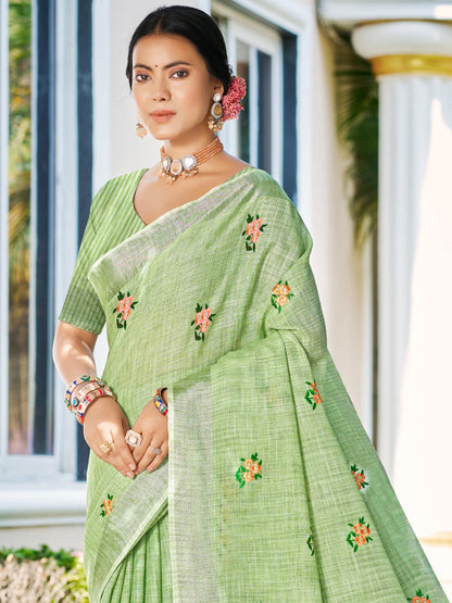 Sangam Prints Olive Green Linen Woven Work Traditional Saree