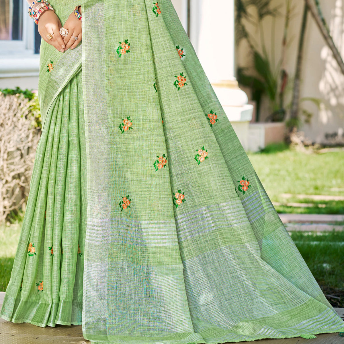 Sangam Prints Olive Green Linen Woven Work Traditional Saree