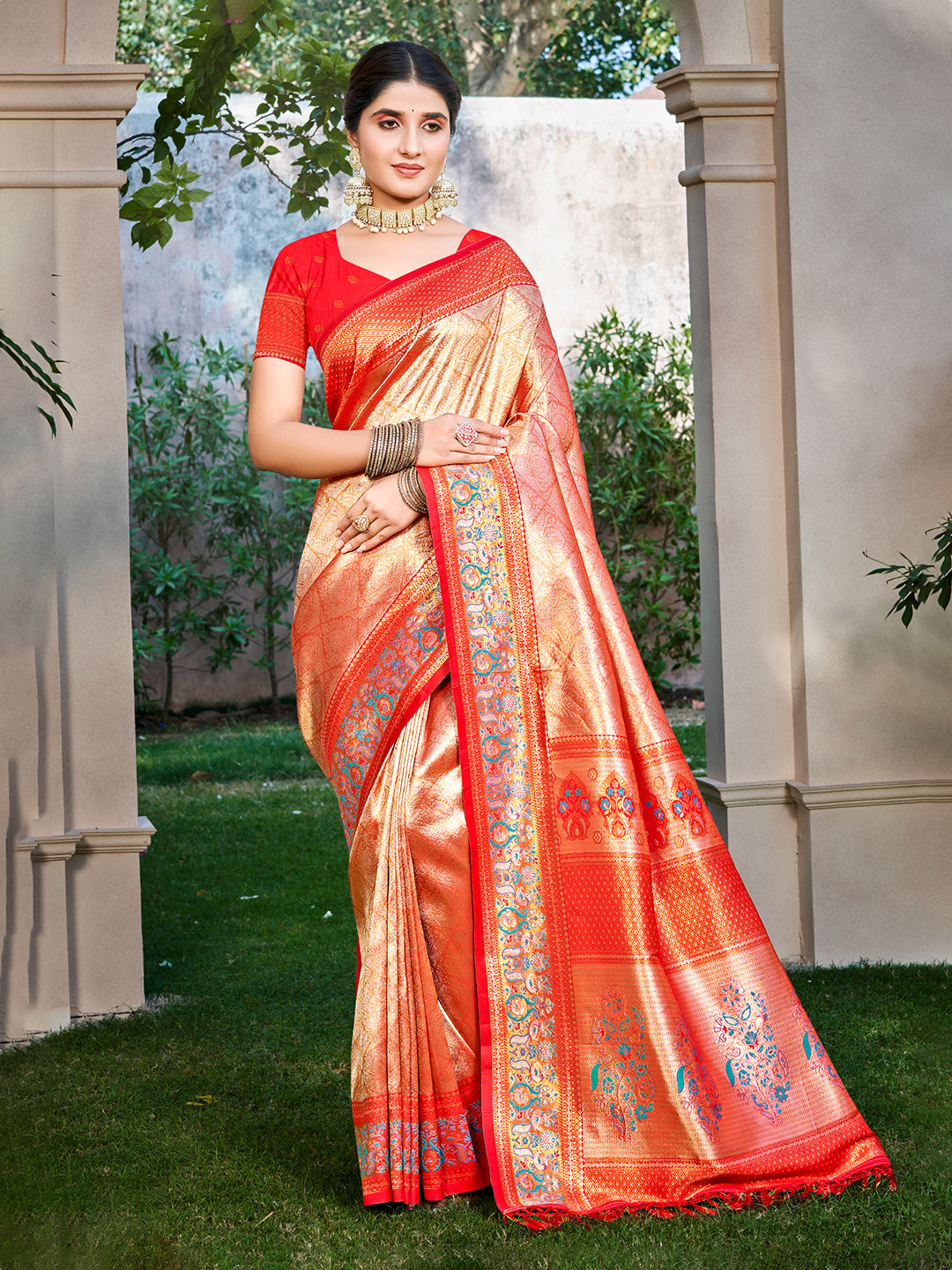 Sangam Prints Red Kanjivaram Silk Woven Work Traditional Saree