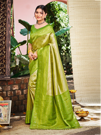 Sangam Prints Green And Gold Kanjivaram Silk Woven Work Traditional Saree