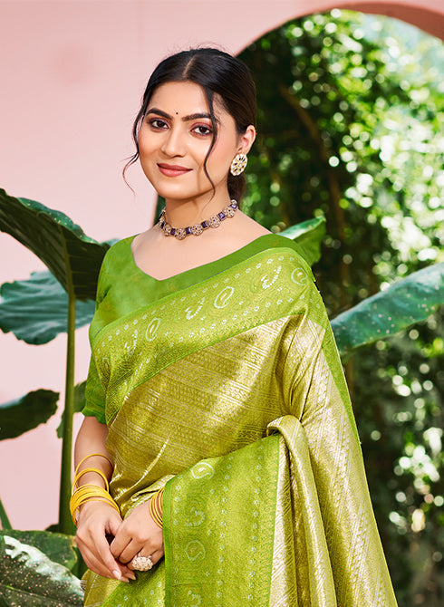 Sangam Prints Green And Gold Kanjivaram Silk Woven Work Traditional Saree