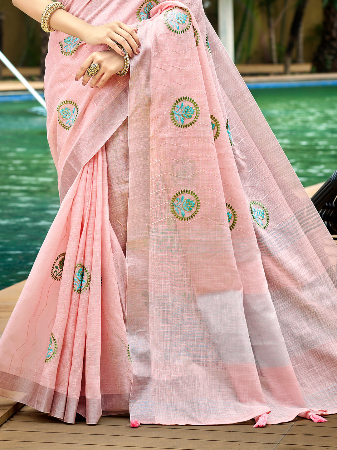 Sangam Prints Light Pink Linen Woven Work Traditional Saree