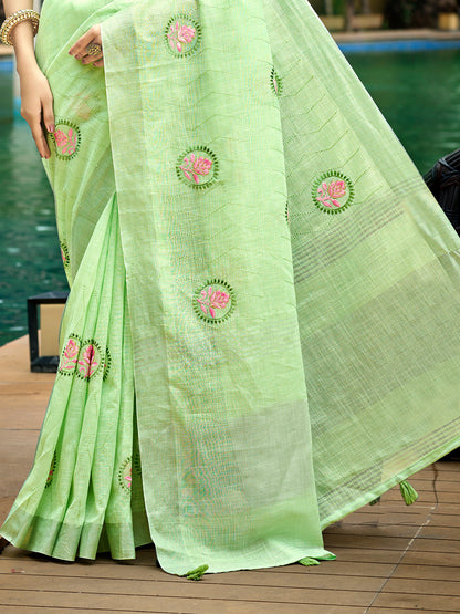 Sangam Prints Green Linen Woven Work Traditional Saree