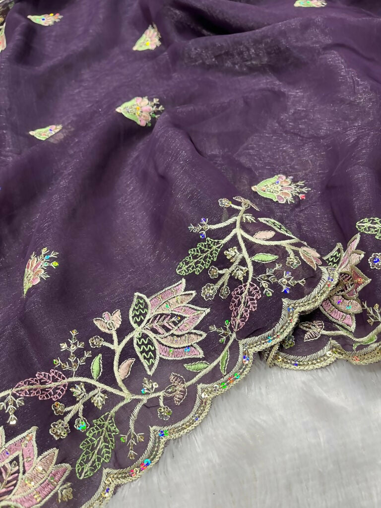 Vastranavya Gold Crunchy Multi Colour Threads Embroidery Work with Sequins Work Saree with Blouse material - Purple