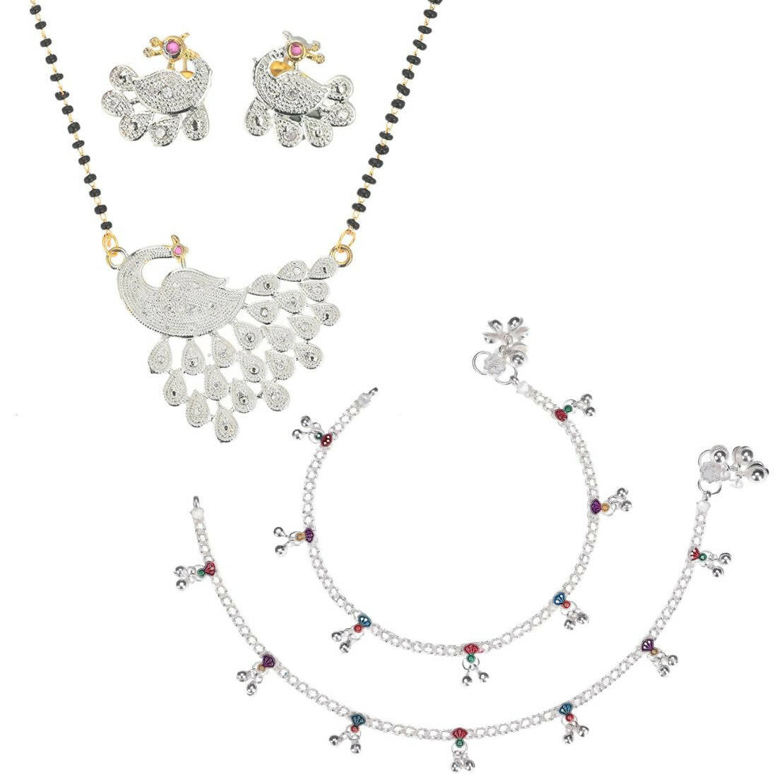 AanyaCentric Gold-Polished Mangalsutra Pendant Earring Set & Silver Plated Anklet