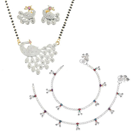 AanyaCentric Gold-Polished Mangalsutra Pendant Earring Set & Silver Plated Anklet