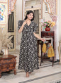 Miravan Women's Pleated Puff Sleeve Floral Pure Cotton Black And White Butterfly Maxi Dress