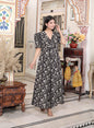Miravan Women's Pleated Puff Sleeve Floral Pure Cotton Black And White Butterfly Maxi Dress