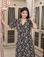 Miravan Women's Pleated Puff Sleeve Floral Pure Cotton Black And White Butterfly Maxi Dress