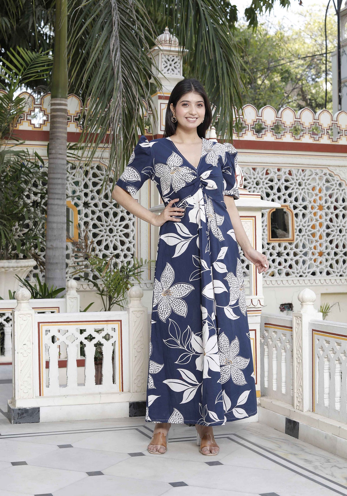 Miravan Women's Blue Flower Printed Puff Sleeve Pure Cotton Fit V Neck Butterfly Middi Dress