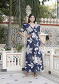Miravan Women's Blue Flower Printed Puff Sleeve Pure Cotton Fit V Neck Butterfly Middi Dress