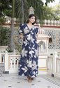 Miravan Women's Blue Flower Printed Puff Sleeve Pure Cotton Fit V Neck Butterfly Middi Dress